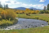 Stream running throught Cline Ranch meadow with mountains in on horizon